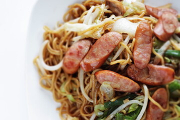 Japanese style sausage and vegetable fried noodles, Yakisoba comfort food