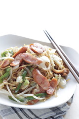 Japanese style sausage and vegetable fried noodles, Yakisoba comfort food