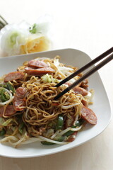Japanese style sausage and vegetable fried noodles, Yakisoba comfort food