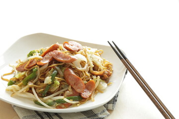 Japanese style sausage and vegetable fried noodles, Yakisoba comfort food