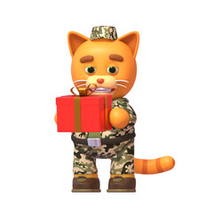 3d render of cute cat in military outfit. Cat soldier holding gift box