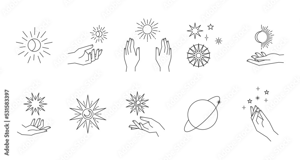 Canvas Prints aesthetic astral hands. collection of cosmic and celestial elements with sun, moon and stars. isolat
