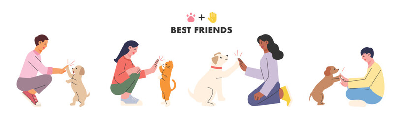 Cute dogs and cats and people high five. flat design style vector illustration.