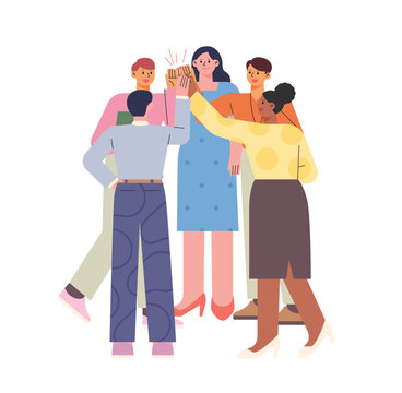 recommend clip art: Business people in the office are gathering and high-five. flat design style vector illustration.