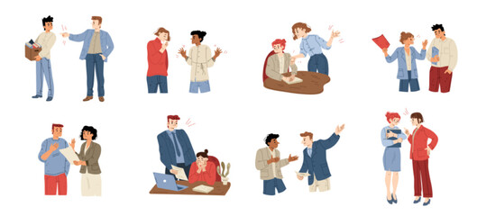 Angry boss yelling at employee, flat vector illustration set. Rude male and female characters shouting, criticizing, firing upset office workers for mistake, bad work. Stressful job and disrespect