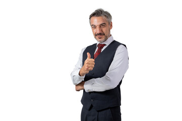 Portrait of senior Businessman standing in a suit without jacket, in waistcoat suit showing thumbs up gesture. isolated on white background.