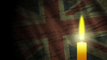 Vector mournful burning wax candle on the background of a dark wavy flag of Great Britain with a brick wall structure