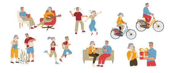 Happy active senior couple vector illustration set. Flat elderly male and female characters enjoying retirement hobby, dancing, gardening, cycling, jogging, dating, celebrating holiday together