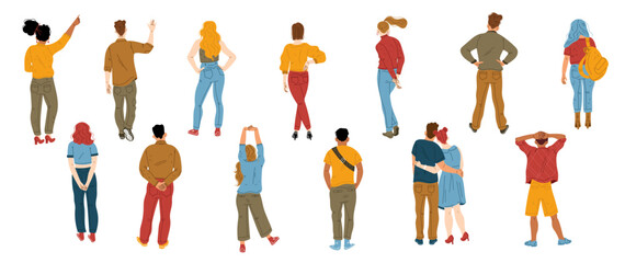 Back view of standing diverse people. Men and women characters in casual style clothes from behind. Adult persons in different poses, couple hug, girl pointing hand up, vector flat illustration