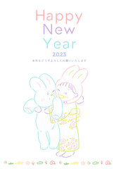 Obraz na płótnie Canvas 2023 Rabbit New Year's card Colorful and cute simple hand-drawn illustration / 2023年 うさぎの年賀状 卯年 カラフルでかわいいシンプル手描きイラスト