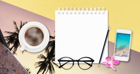 Fototapeta na wymiar Top view image of plannng a trip for summer holiday season in the morning with fresh hot coffee, notebook, mobile phone, pencil, glasses and pink orchid for travel advertising background.