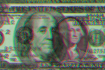 Contemporary artwork background with colored banknote. Digital texture backdrop. Trendy pop art fun culture. Neural network art poster. Funky punk collage design. Creative concept money illustration.