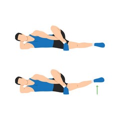 Fototapeta na wymiar Man doing Lying Crossover Leg Lift Exercise in 2 steps. Illustration about workout diagram for muscles stretch, leg, thing, hip. Flat vector illustration isolated on white background