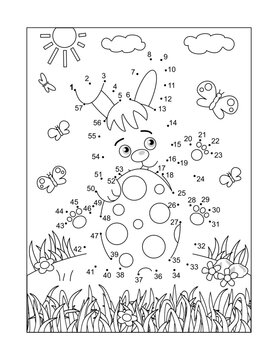 Easter bunny and painted egg dot-to-dot picture puzzle and coloring page. Full-page, black and white, activity for kids.
