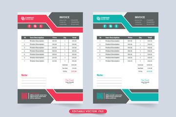 Obraz premium Company invoice and payment agreement paper design with red and blue colors. Product buy and sell receipt with cash invoice and price sections. Professional business invoice template vector.