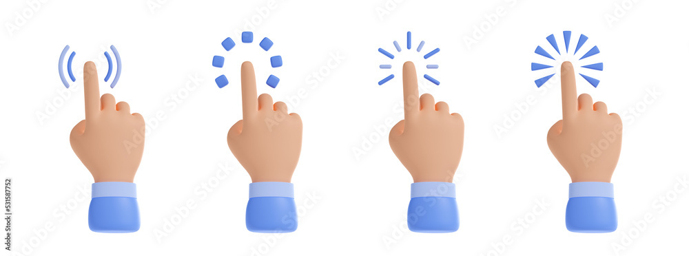Poster 3d illustration set of hand pointer cursors isolated on white background. collection of human finger