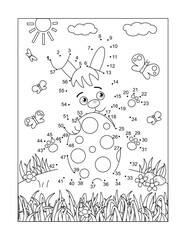 Easter bunny and painted egg dot-to-dot picture puzzle and coloring page. Full-page, black and white, activity for kids.
