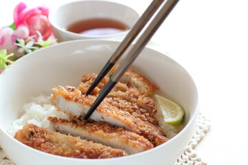 Japanese food, homemade pork cutlet on rice served with Lime