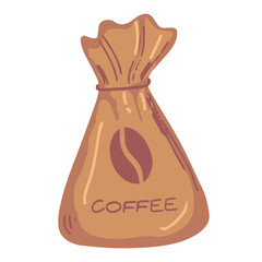 Burlap sack with coffee grain. Housekeeping and agriculture equipment. Open hessian bag for coffee grains. Food ingredient. Natural product. Isolated white background.