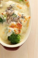 Homemade Japanese oyster and broccoli gratin for winter comfort food