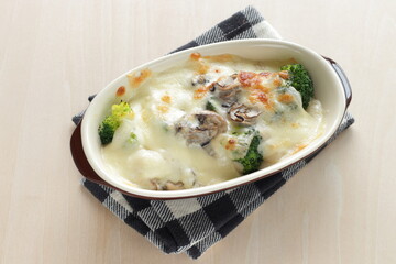 Homemade Japanese oyster and broccoli gratin for winter comfort food