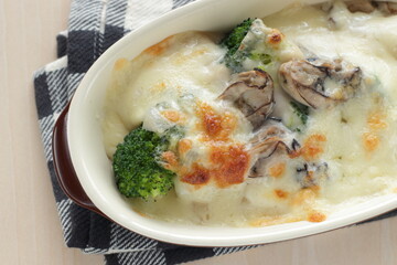 Homemade Japanese oyster and broccoli gratin for winter comfort food