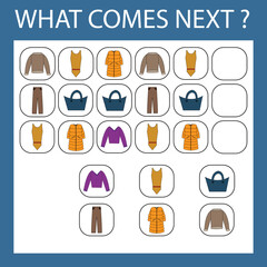 An educational activity for children - to make a logical chain of colorful clothes. Which clothes is next?