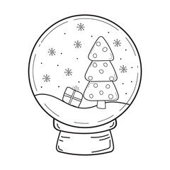 vector illustration of a Christmas tree and a gift in a Christmas snow globe.