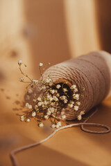 Delicate white flowers of gypsophila with spool of white cotton rope on neutral beige background....