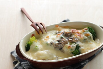 Homemade Japanese oyster and broccoli gratin for winter comfort food