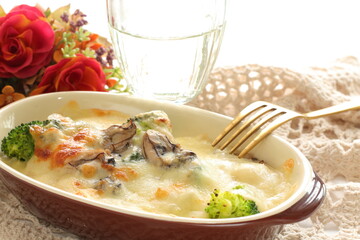 Homemade Japanese oyster and broccoli gratin for winter comfort food