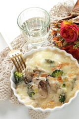 Homemade Japanese oyster and broccoli gratin for winter comfort food