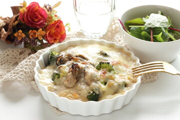 Homemade Japanese oyster and broccoli gratin for winter comfort food