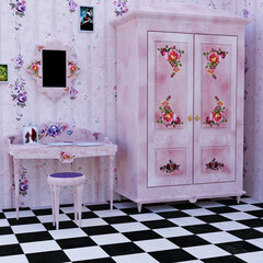Vintage style girl's room with floral wall paper and decorated cupboard and desk illustration