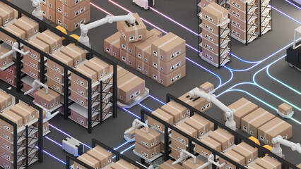 Warehouse management with automated robotics,The transport vehicle uses a robotic arm.,robots to pick up the goods. using automation in product management, 3D rendering