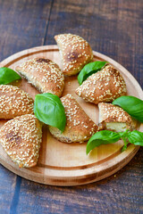Fresh baked home made whole wheat  Gliten free  Mini cheese  puff pastries  .Cheese pie with phyllo pastry and herbs