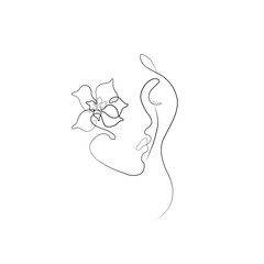 Profile of a girl with flower, abstract female silhouette, continuous line drawing, print for clothes and logo design, small tattoo, emblem or logo design, isolated vector illustration.