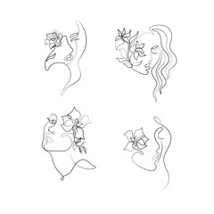 Girl with flower, continuous line drawing, abstract female silhouette set, print for clothes and logo design, small tattoo, emblem or logo design, isolated vector illustration.
