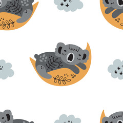 Cute character - sleeping animal baby Koala bear. Vector print for baby shower. Seamless pattern