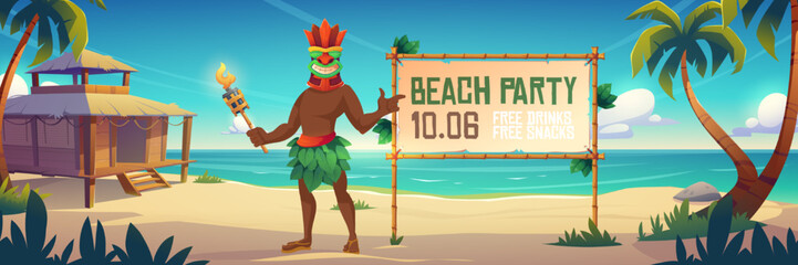Beach party announcement with Tiki man in mask holding torch on Hawaii or tropical island with hut on sandy shore, aboriginal character with toothy face invite for fun, Cartoon vector illustration