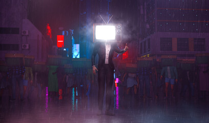 The concept of mass media. A group of zombie people who are led by TV propaganda on the background of the night city. 3D illustration.