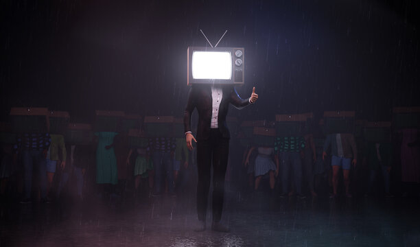 The concept of mass media. A group of zombie people who are led by TV propaganda against the background of darkness. 3D illustration.