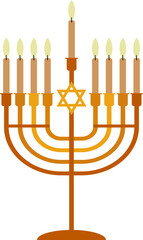 Hanukkah menorah with nine lit candles. Menorah icon. Hanukkah symbols element. Symbolic candlestick at a Jewish festival.