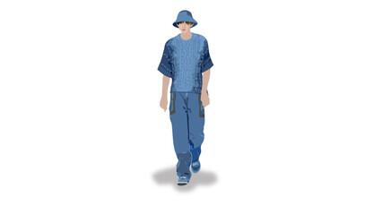 A young handsome guy wears a short-sleeved knitted jumper with a cable pattern on the front, patch pocket long jeans, blue hat and sneakers, realistic minimalistic illustration vector