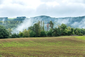 Landscape with steam above the forest after rain. Wooded hills after rain in the Czech Republic. Rainy day at the end of summer. Steam over the forest.