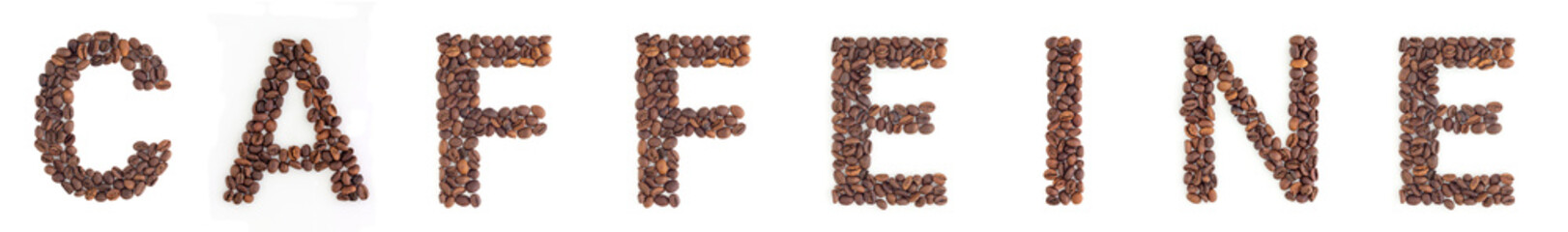 CAFFEINE headline from roasted coffee beans on white background