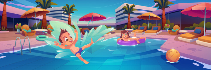 Kids in swimming pool at hotel area with chaise lounges. Little boy jump in water, girl swim on inflatable ring, outdoor children summer entertainment, activities on resort Cartoon vector illustration