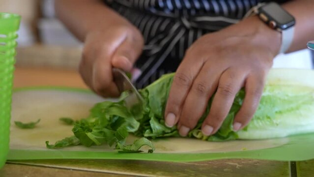 Cutting romaine lettuce for a chopped salad - ANTIPASTO SALAD SERIES