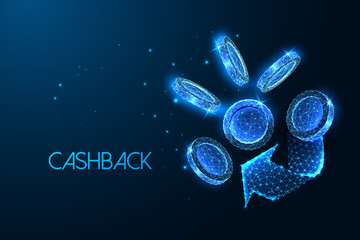 Concept of cashback, financial services with coins and arrow symbols in futuristic glowing style 