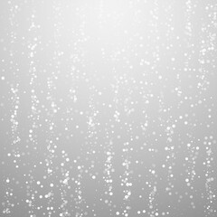 Christmas falling snow background. Subtle flying snow flakes and stars. Festive winter silver snowflake overlay template. Vector illustration